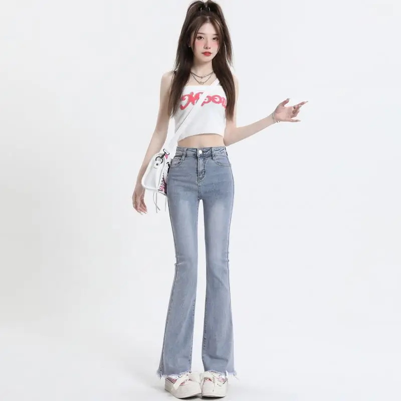 

Облегающие джинсы с высокой талией, женские новые расклешенные джинсы длиной до пола, эластичные драпированные повседневные синие хлопковые полиэстеровые джинсы