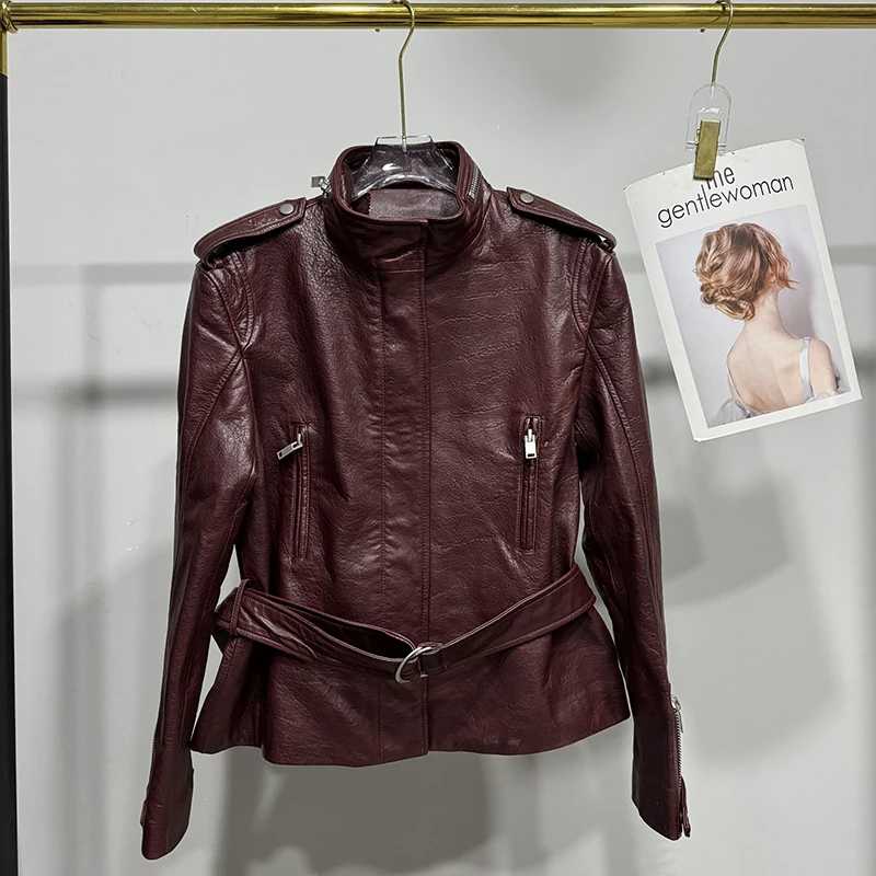 جديد المرأة موتو السائق جاكيت زيبرا الوقوف طوق حزام موضة جلد الغنم فقاعة الجلد معطف جلد طبيعي شامارا بيل موهير #2