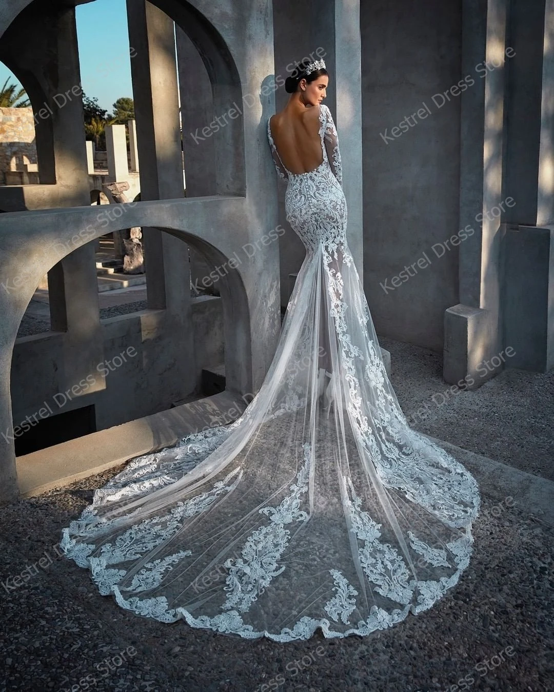 Vestido de novia de sirena con apliques de encaje bohemio, vestidos de espalda hechos a medida, vestidos de manga larga, vestidos de novia de playa