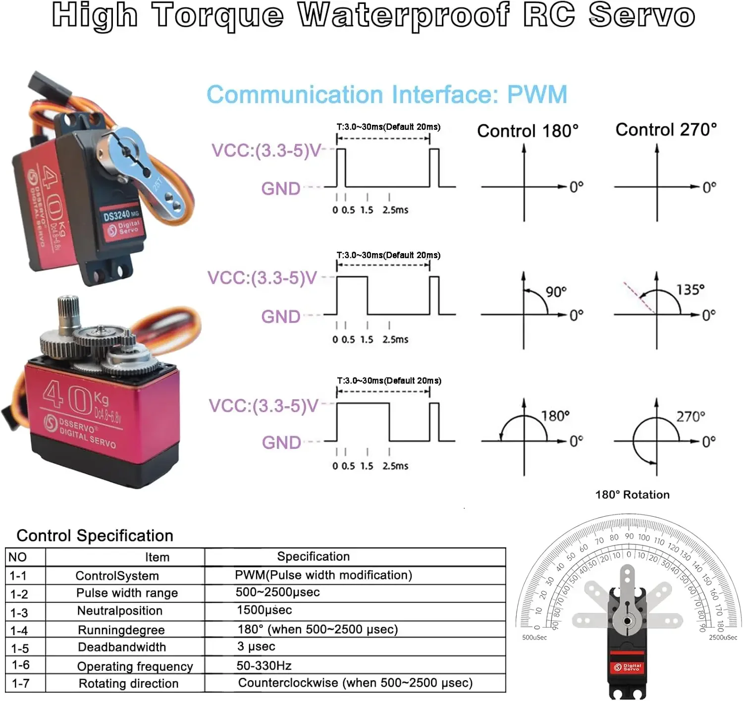 Grande Torque 40KG DS3240 Digital RC Servo 180 ° /270 °   Rotação IP66 25T braço servos função de energia peças DIY brinquedos para carro RC robô