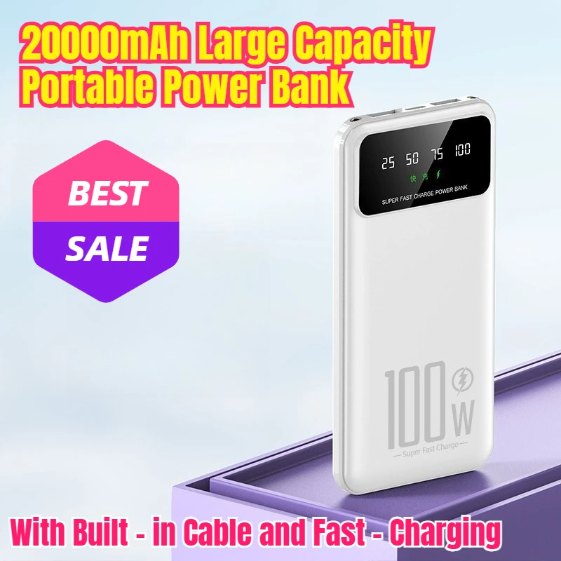 

20000mAh Large Capacity Portable Power Bank with Built - in Cable and Fast - Charging