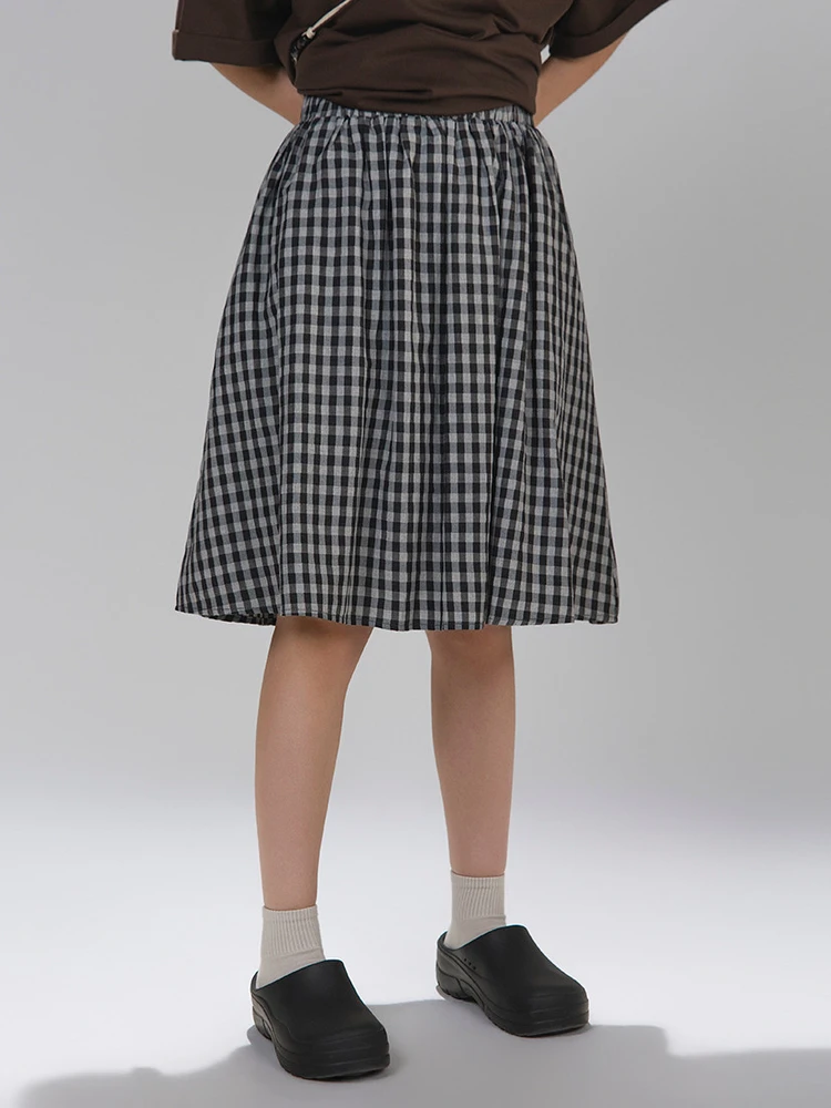 High Waist A-Line  Skirt Women's Plaid Art Wild Series Retro Japanese Style Breathable Skin-Friendly Cotton Polyester Blend