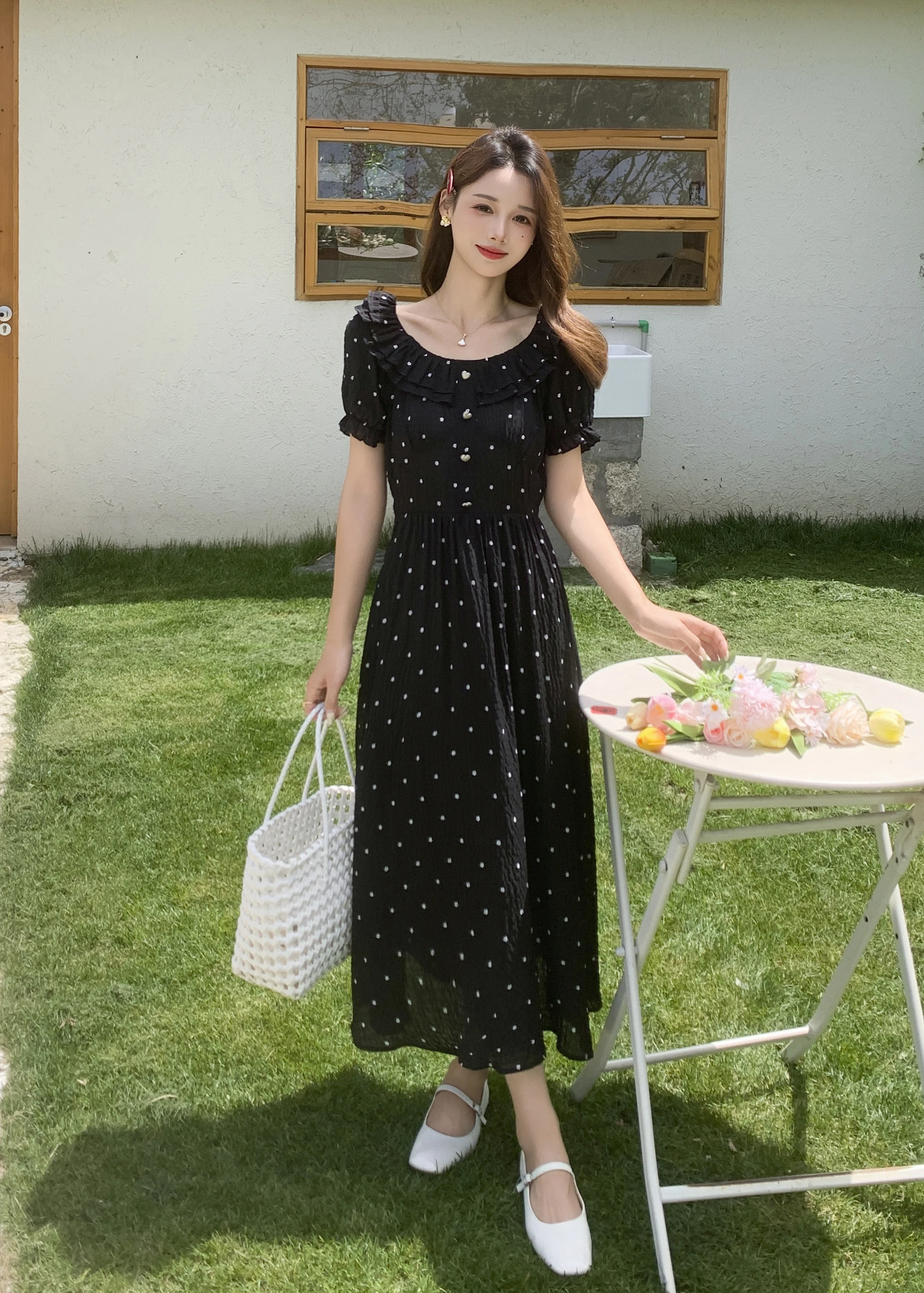 

2025 Flounced O-Neck Women's Dress Chiffon Polka Dot Short Sleeve Female Long Dresses Clothing Red Black