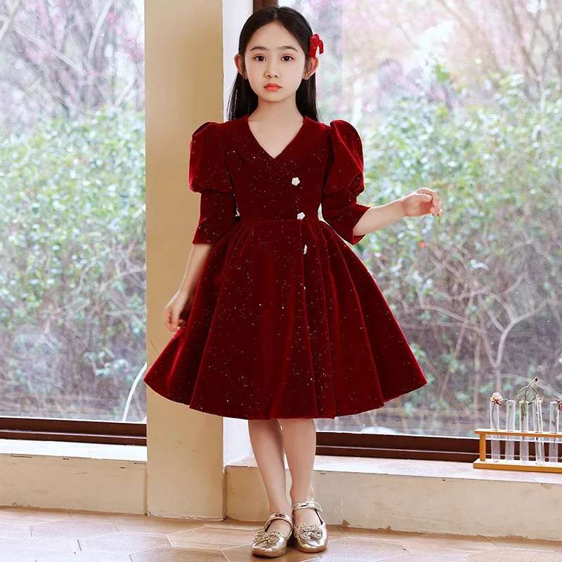 2026 New Girls Puff Sleeve Velvet Dress Children Party Formal Attire Autumn Winter Baby First Birthday Wine Red Princess Gown