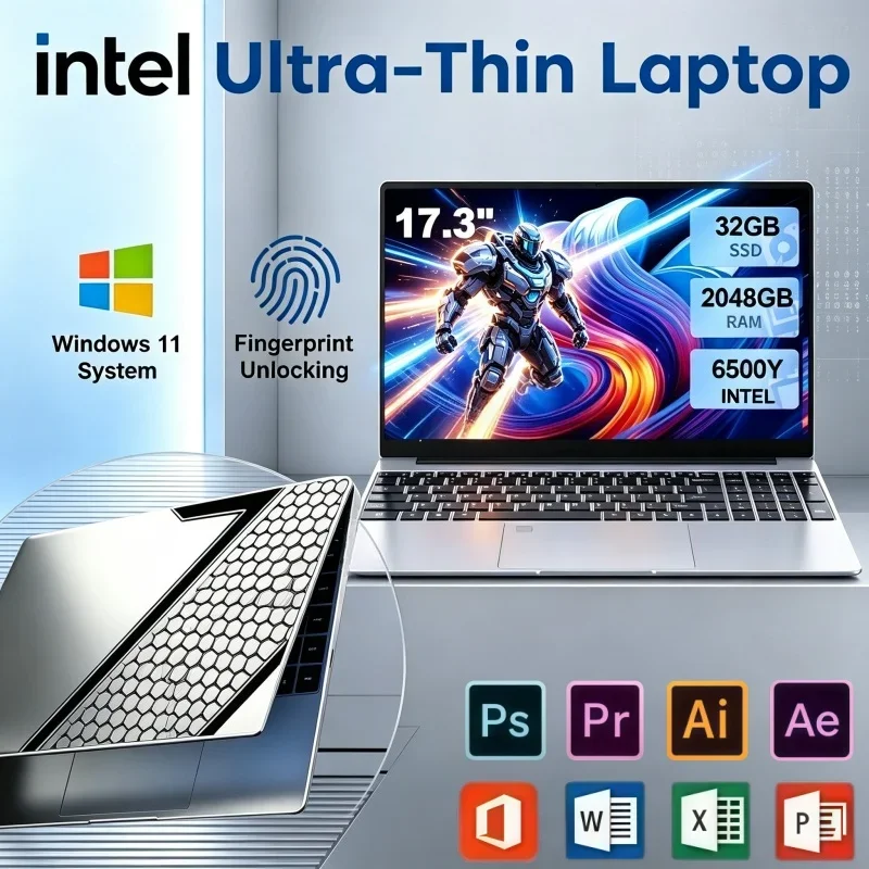 17.3 Inch Fingerprint Unlock Laptop Intel 6500Y Win11 32GB RAM 2TB SSD Large Screen Notebook For Household Media Office Work