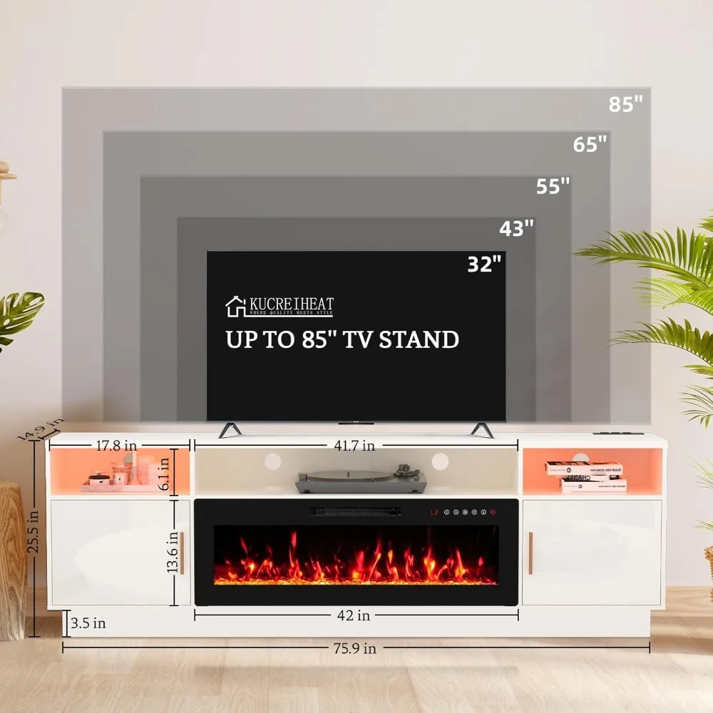 80'' TV Stand with 42'' Fireplace-LED Light Entertainment Center for 85+ inch TV-White TV Cabinet with Storage, Modern TV Consol