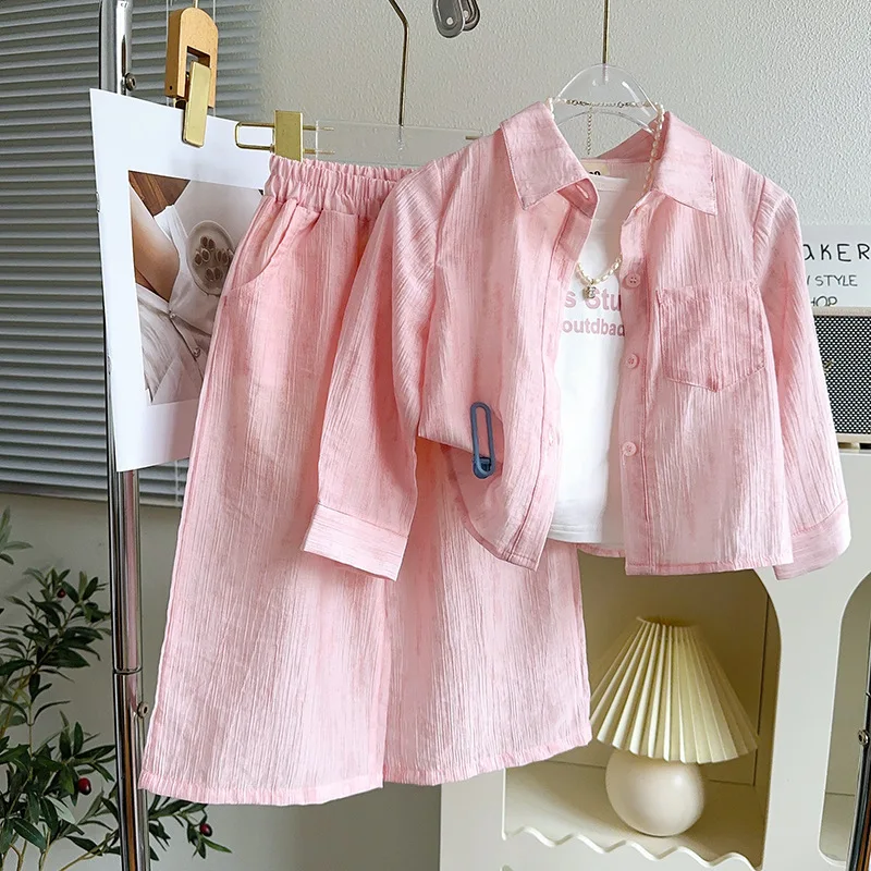 Girls' 3 piece Set Summer New Pink Sunscreen Shirt White Sleeveless T-shirt Loose Wide Leg Pants Girls Thin Breathable Outfit