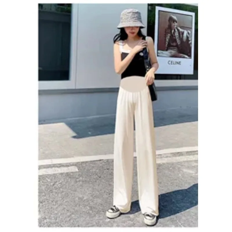 Summer Pregnant Women Wear Ice Silk Pants Wide Leg Pants Thin Wear Loose Pleated Pregnant Women Nine Points