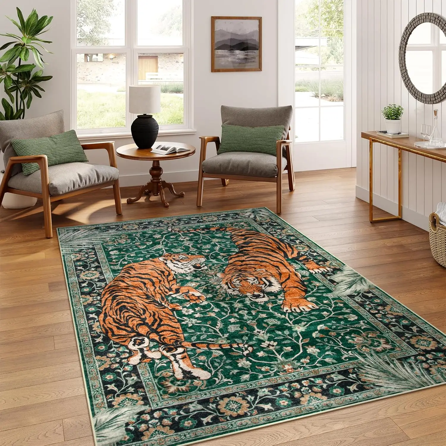 

5x7 Boho Washable Area Rug, Non-Slip Green Vintage Carpet for Living Room, Bedroom, Office - Ultra Soft & Stain Resistant