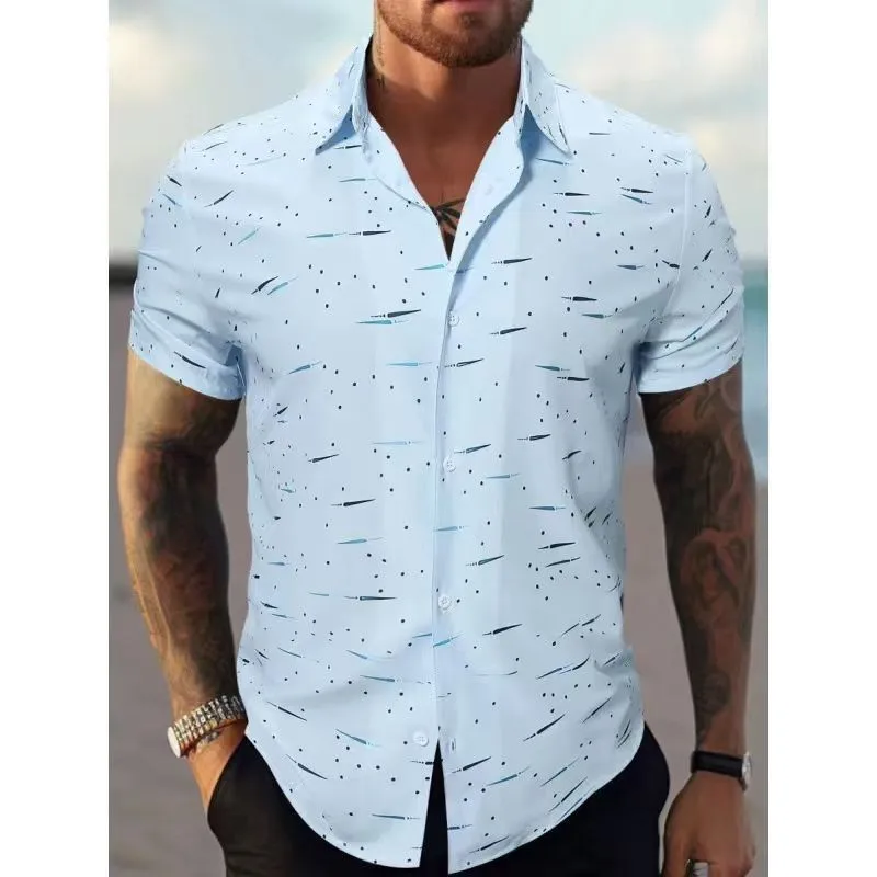 Men Hawaiian Abstract Print Short Sleeve Shirt Wrinkle Free Stretch Fabric Casual Lapel Blouse Holiday Top S-4XL