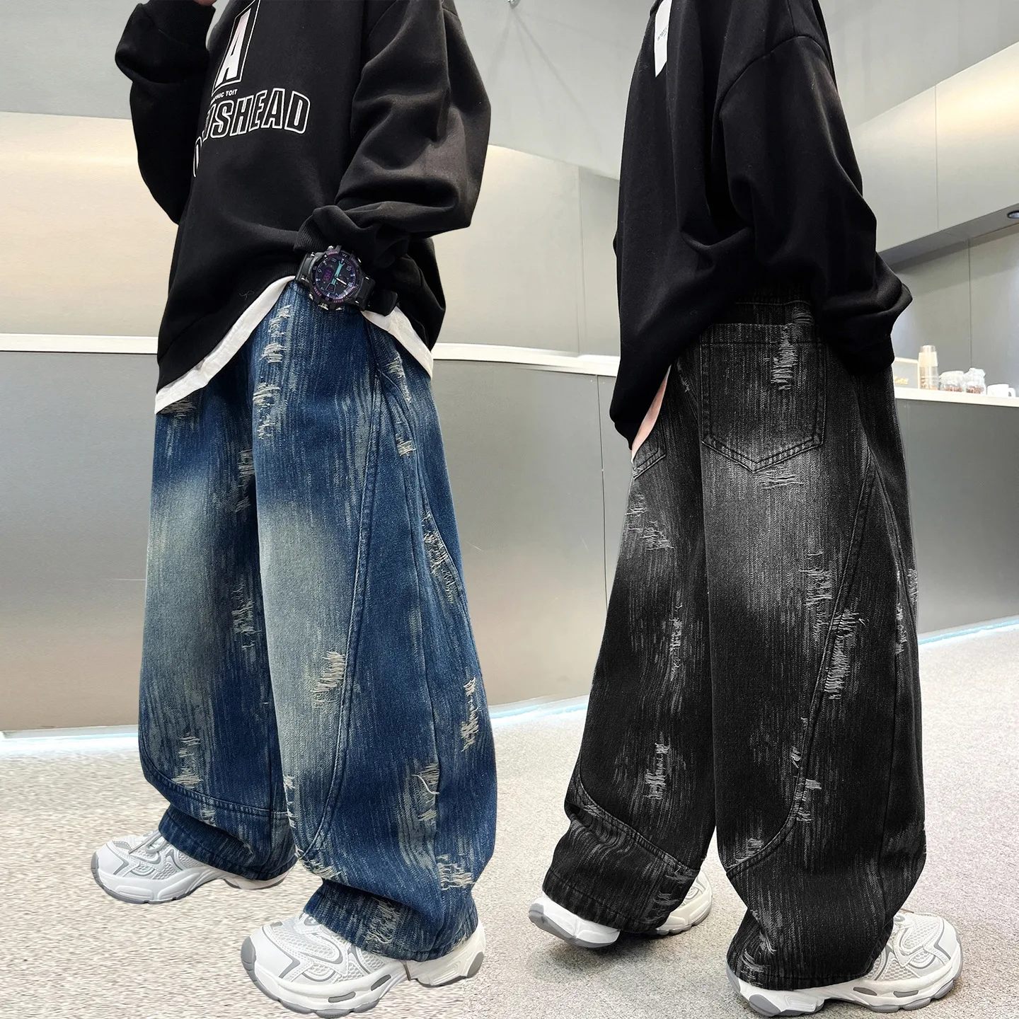 Teen Boys Street Style Ripped Denim Pants 2026 New Spring Autumn Loose Wide Leg Straight Jeans Cool Fashion Trousers For Kids