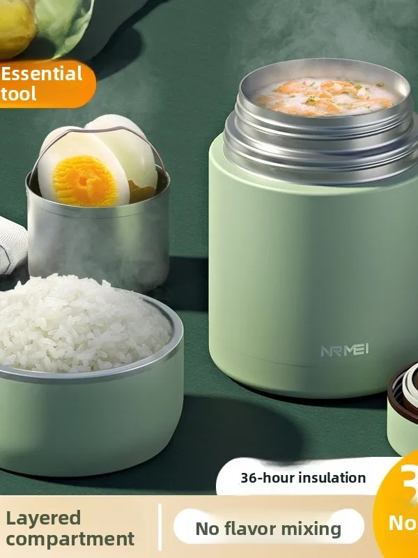 

Двухслойный термос-ланчбокс из нержавеющей стали 316, мужской стиль, для риса и супа, с длительным сохранением тепла, круглая форма