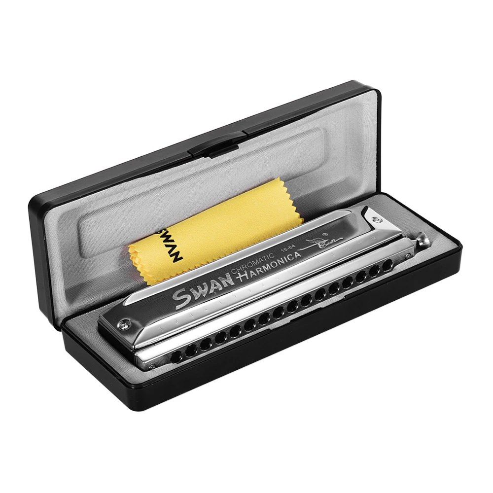 Swan SW-1664 16 Holes Chromatic Harmonica C Key 64 Tones Mouth Organ with Storage Case and Cleaning Cloth for Kids & Adults