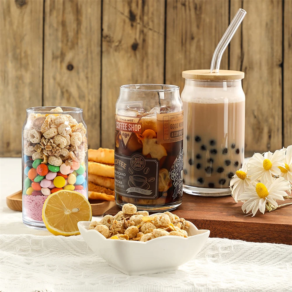 350ml/550ml Glass Cup With Lid and Straw Transparent Bubble Tea Cup Juice Glass Beer Can Milk Mocha Cups Breakfast Mug Drinkware view 5