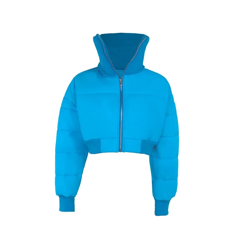 Mode Vrouwen Stand Kraag Crop Puffer Jas Rits Blauwe Bubble Jassen Parka Down Hoge Taille Slanke Katoenen Korte Bladerdeeg Jas Parka