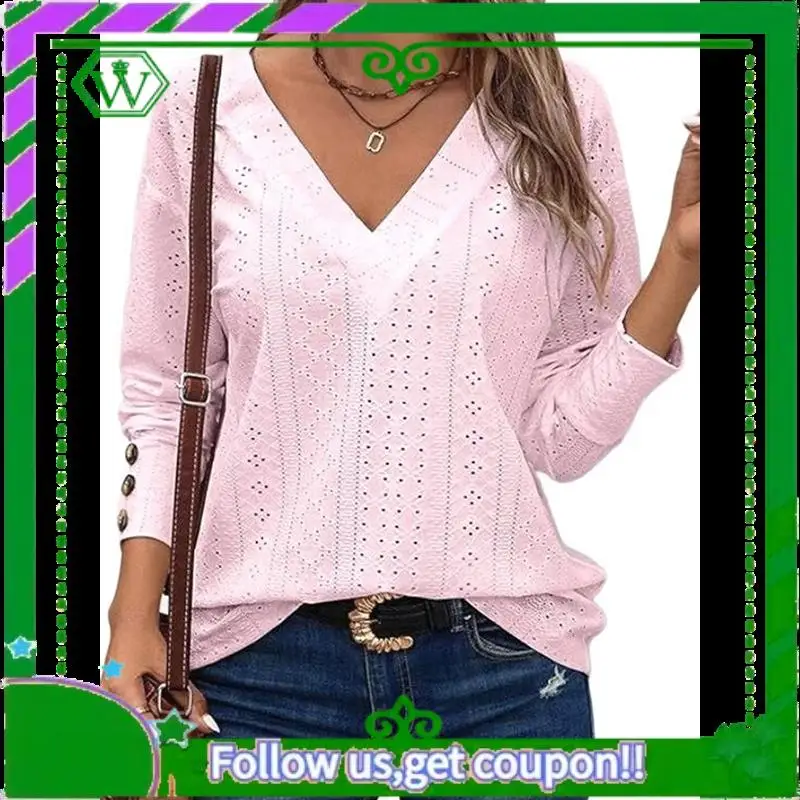 

A18P-Women's Tops Dressy Casual V Neck Long Sleeve Buttons Hollow Out Lace Embroidered Blouses Shirts