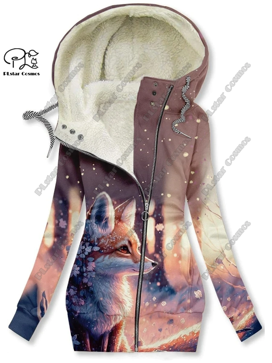 New 3D printed animal series cute fox pattern velluto warm women's long zipper hoodie coat pendolarismo casual winter