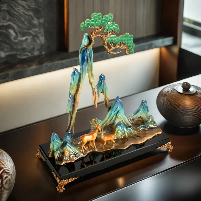 Creative enamel color, Chinese ornaments landscape, rockery pine deer, sculpture living room entrance