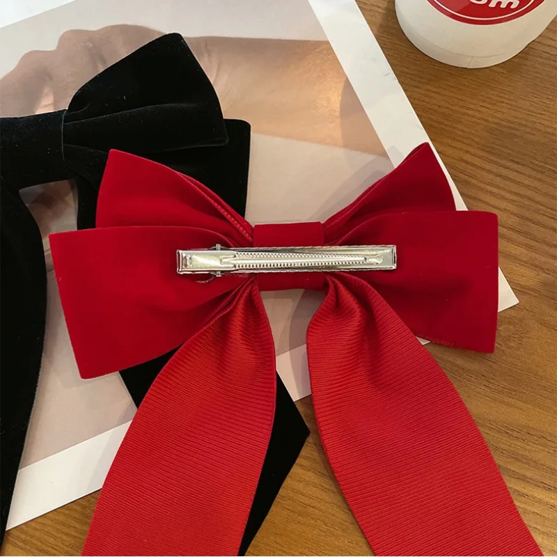 Fashion Red Black Bow Hair Clip for Women Korean Design Long Tassel Ribbon Bow Spring Clip Hairpins Girls New Year Headwear