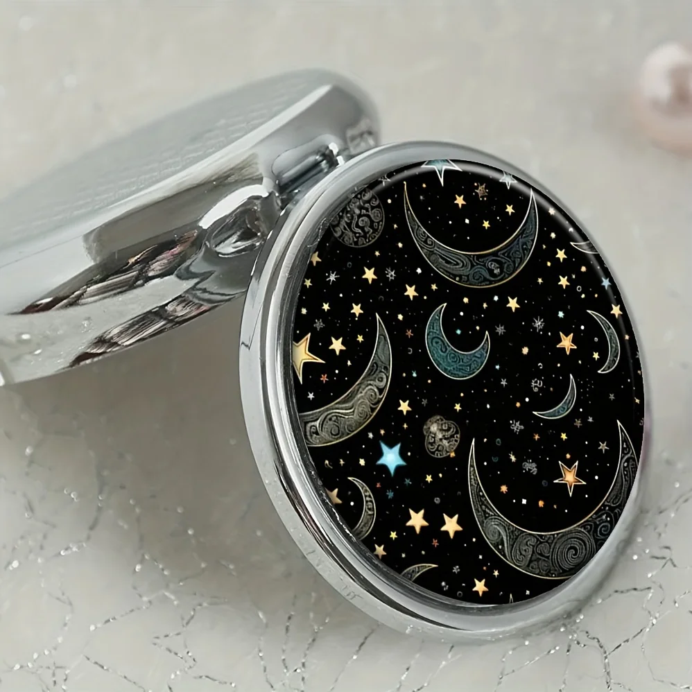 round medicine box with moon and starry sky pattern,pocket box with 3compartments,and travel medicine tablet vitamin storage box