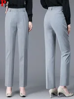 Pantalones de traje formales de cintura alta para mujer, Pantalones rectos grises de oficina, Pantalones coreanos informales finos OL hasta el tobillo, Calca de pierna ancha, primavera y otoño