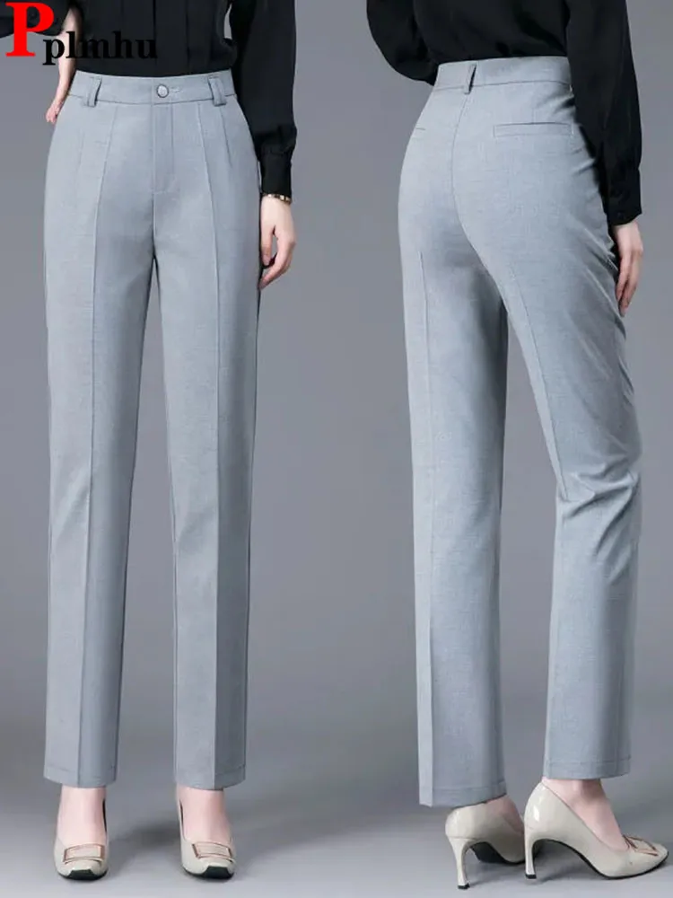 Damskie spodnie garniturowe z wysokim stanem Wiosna Jesień Biuro Szare Proste Pantalony Koreańskie Casual Cienkie OL Długość do kostek Szeroka nogawka Calca