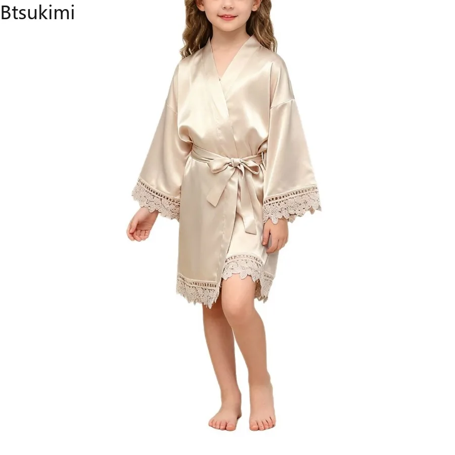 Dziecięcy szlafrok z jedwabiu lodowego, jednolity kolor, matowa koronka, szlafrok poranny, piżama, gładki, miękki, wygodny, codzienny szlafrok do spania dla dzieci.