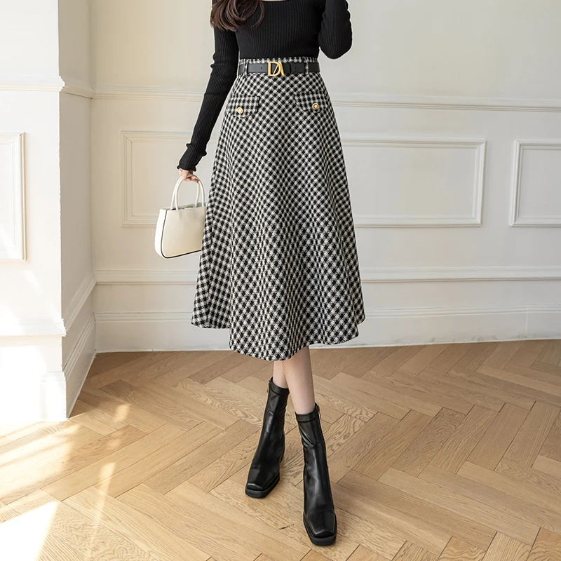 Ladies Elegant Fashion Large Hem Woolen Cloth Long Plaid Skirt Women Clothes Girls Skirts Chic Casual Faldas Largas BPAN5035-1