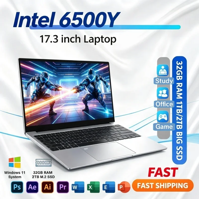Large Screen Laptop 17.3 Inch Intel 6500Y 16/32GB RAM Powerful Windows11 1/2TB BIG SSD Portable Laptop Office Study