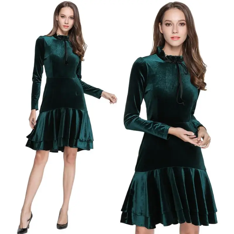 

Runway Dresses 2024 Women High Quality Spring Winter Green Velvet Dress Vintage Sexy Evening Party Dresses Vestidos De Festa