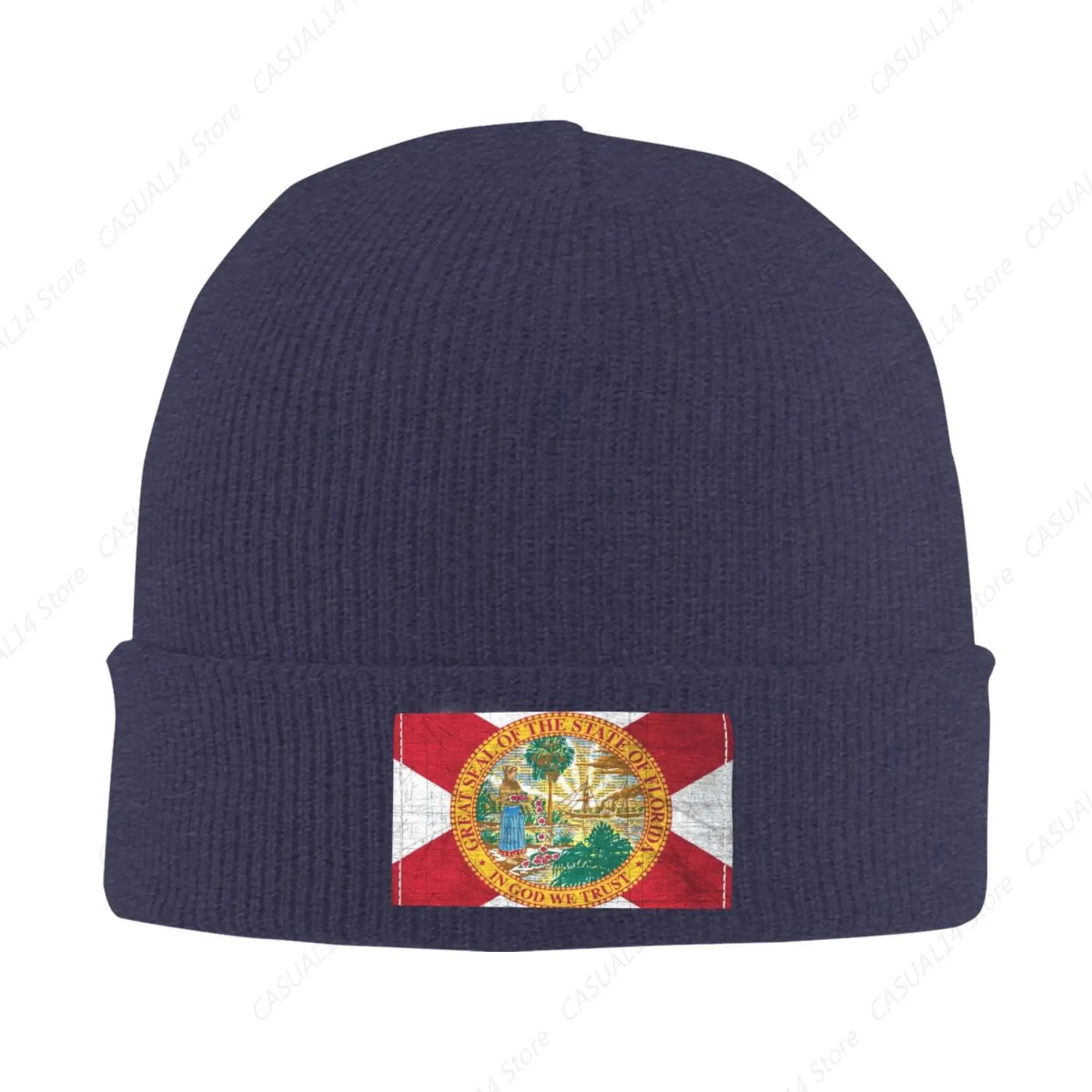 Florida State Flag Winter Knit Beanie Hats for Men & Women Knit Cuffed Cap Toboggan Skull Cap Navy Blue