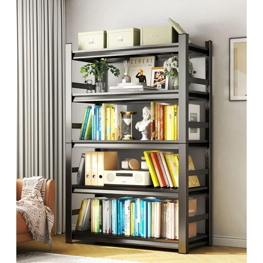 

Book Shelf, Tall Bookcase, Metal Industrial Bookshelf, Living Room Shelves, 5 Tier Bookshelf with Fences