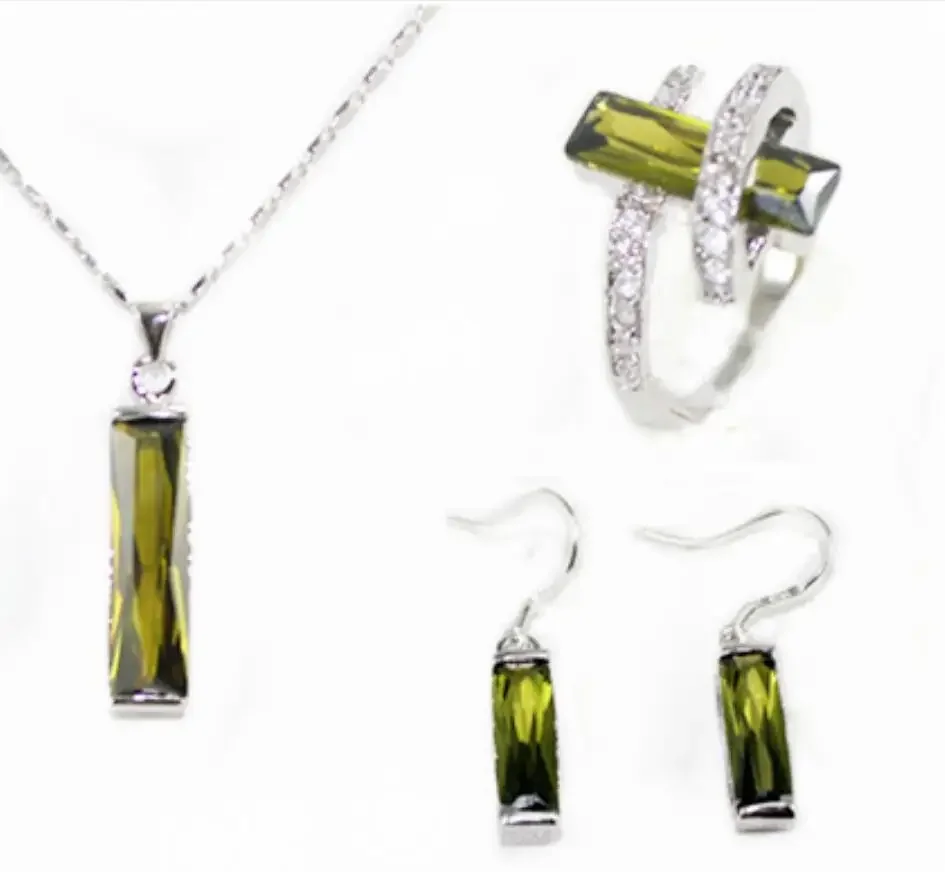 

Women's fashion column dark grass green zircon Faceted Pendant Earring Ring Set