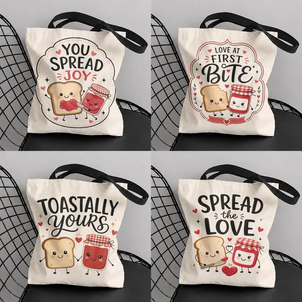 Spread the Jam Love Storage Bags Large Capacity Canvas Tote Bag Reusable Shoulder Handbag for Daily Shopping Travel