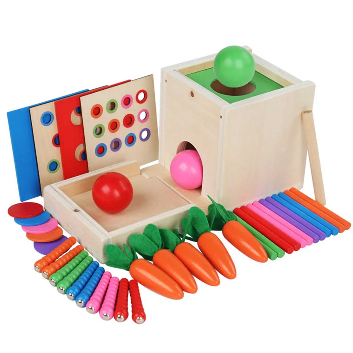 6-In-1 Wooden Montessori Toy Kit Object Permanence Box Play Set with Coin Box Carrot Harvest Shape Sorter Ball Drop Toy