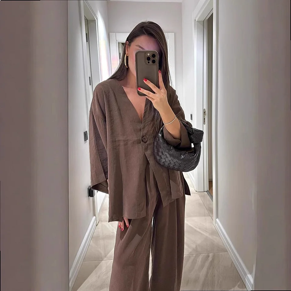 Women's Matching Set V Neck One Button Loose Sleeve Top High Waist Trousers 2 Piece Outfit Retro Vacation Suit