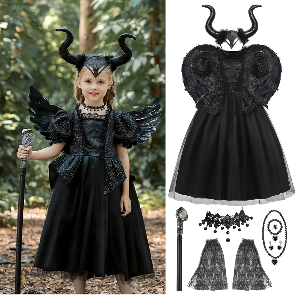 Disfraz de Maléfica para Niñas, Conjunto de Reina Malvada, Vestido de Tul Negro de Lujo con Accesorios para Carnaval, Fiesta y Juego de Roles