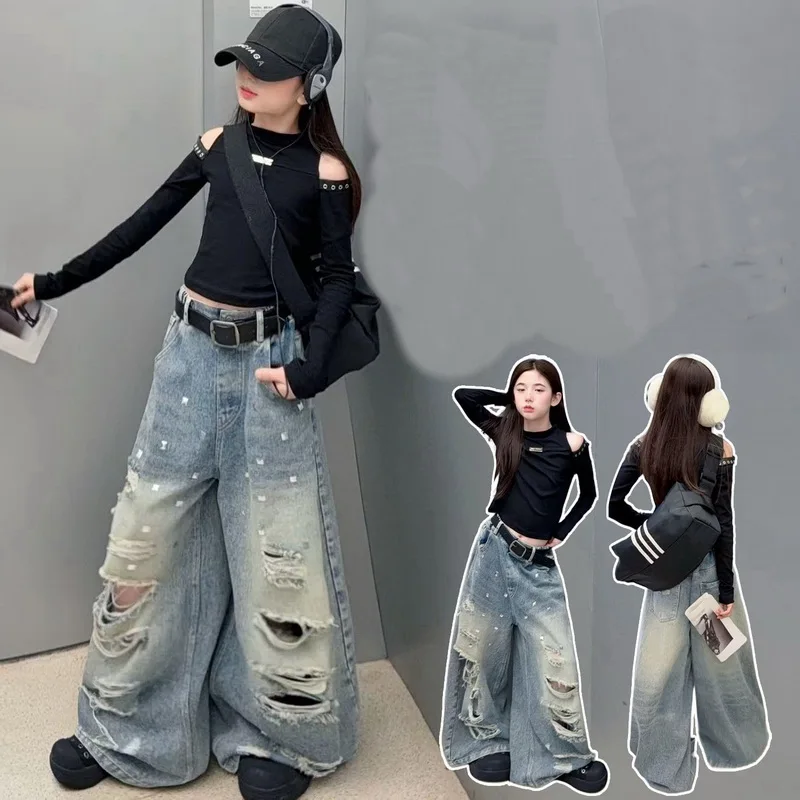 Children High Fashion Street Jeans with Holes for Teens Girl Trendy Streetwear Destroyed Denim Pants Kids Hip Hop Trousers 4-15