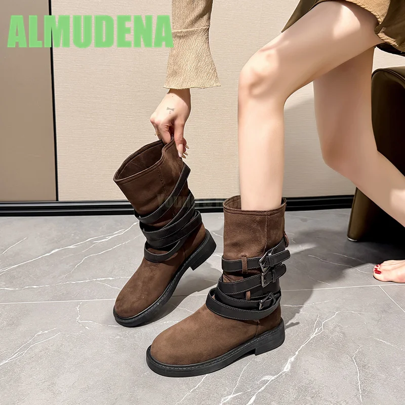 

Stacking Boots with Fashionable Thick Heel Round Head Brown Belt Buckle and Strap Design Thick Soled Sleeve Knight Boots