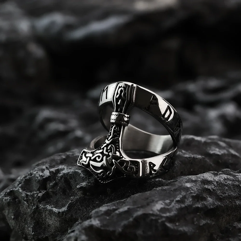 Nordic Viking Odin Thunderhammer Ring Trend Personalized Fashion Men\'s Ring Daily Clothing Paired with Stainless Steel Jewelry