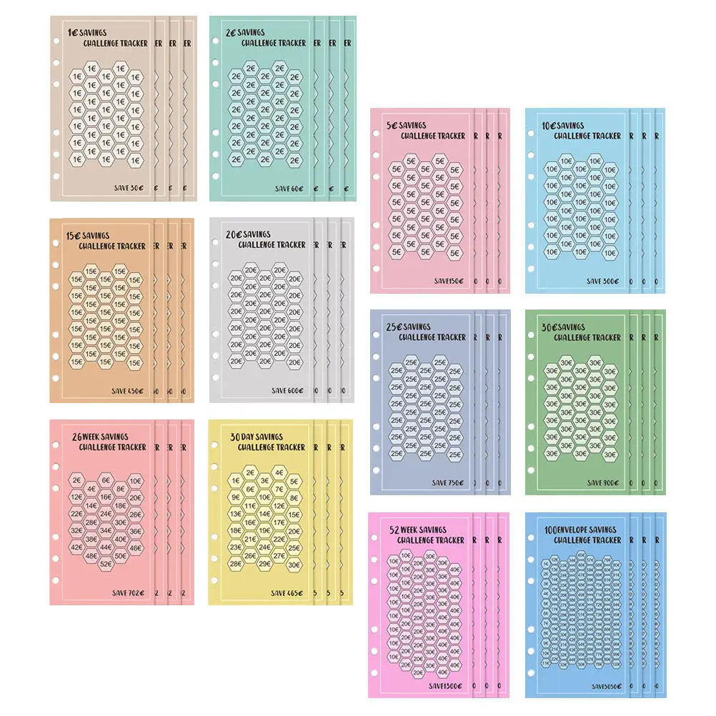 48Pcs 6-Ring Binder Envelopes A6 Size Euro Saving Challenge Envelopes for Finance Control Binder Cash Envelops