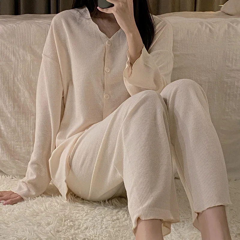 Simple Waffle Pajamas Sets For Women Casual Soft Female Home Sleepwear Cardigan Long Sleeve With Loose Pants 2Pcs Autumn Winter