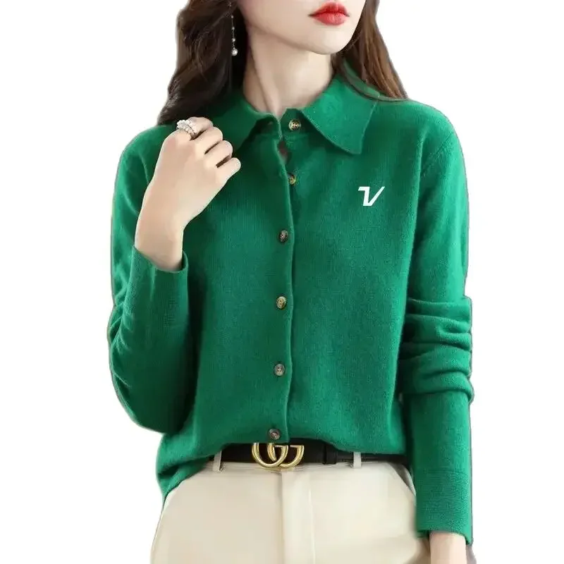 Korean Luxury Golf Sweater Women Golf Wear 2024 Autumn New Jacket Fashion Flip Collar Knit Cardigan Women's Golf Clothing image 2