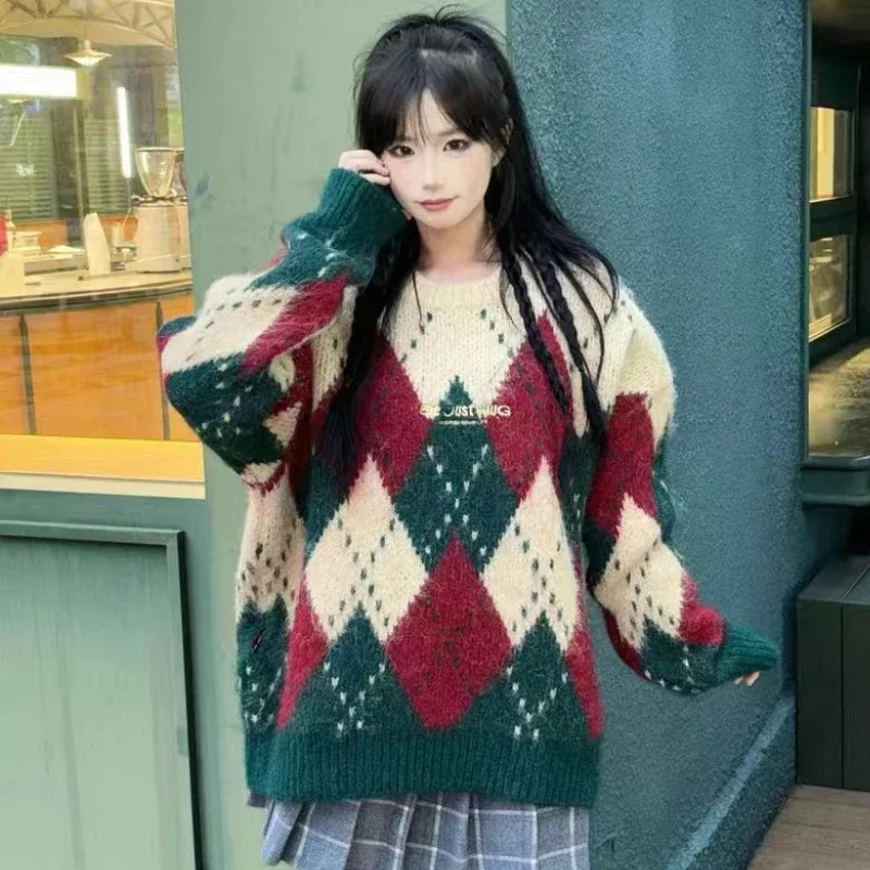 Argyle Christmas Sweater Women Lazy Chic Vintage Warm Autumn Winter Knitwear Literary European Style Students Fluffy All-match