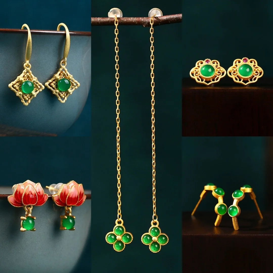 Ethnic Chinese Golden Earrings for Women Hollow Design Gold Plated Inlay Green Jade Luxury Jewelry Traditional Palace Style Gift