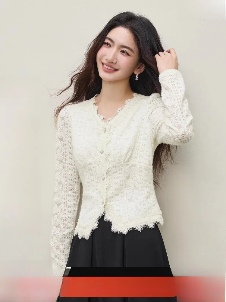 

Женская приталенная блузка Ele V-ne Lace с жемчужными пуговицами, модный топ для офиса, с длинными рукавами, из нейлоновой ткани