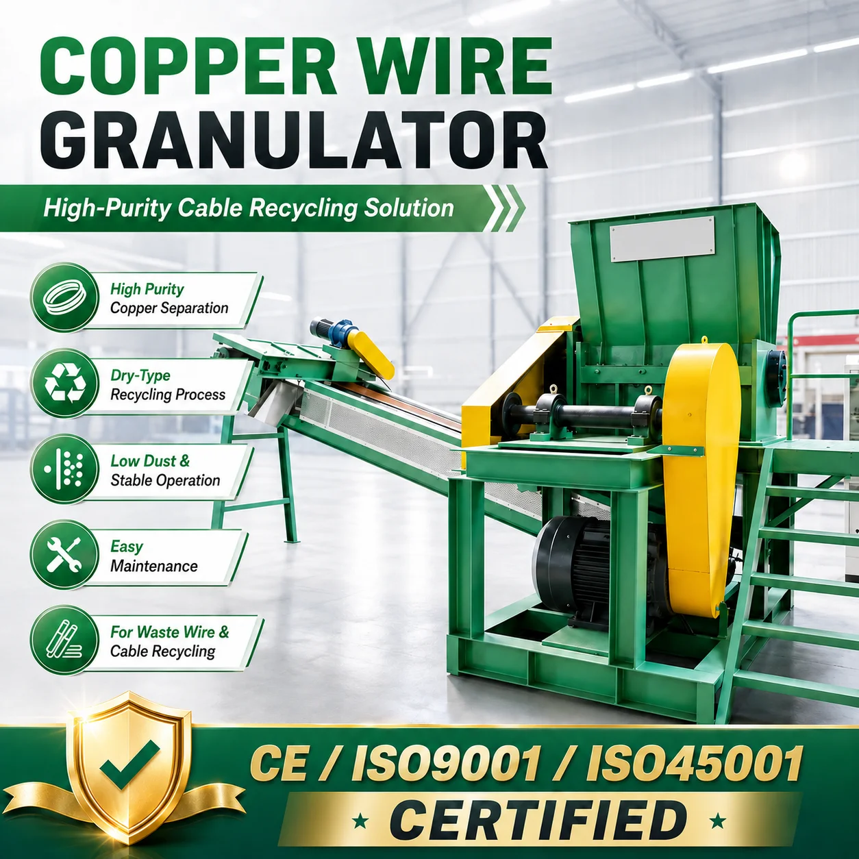 High Capacity Dry Cable Granulator for Factory Cable Scrap with Wear Resistant Blades for Copper Granules for Resale