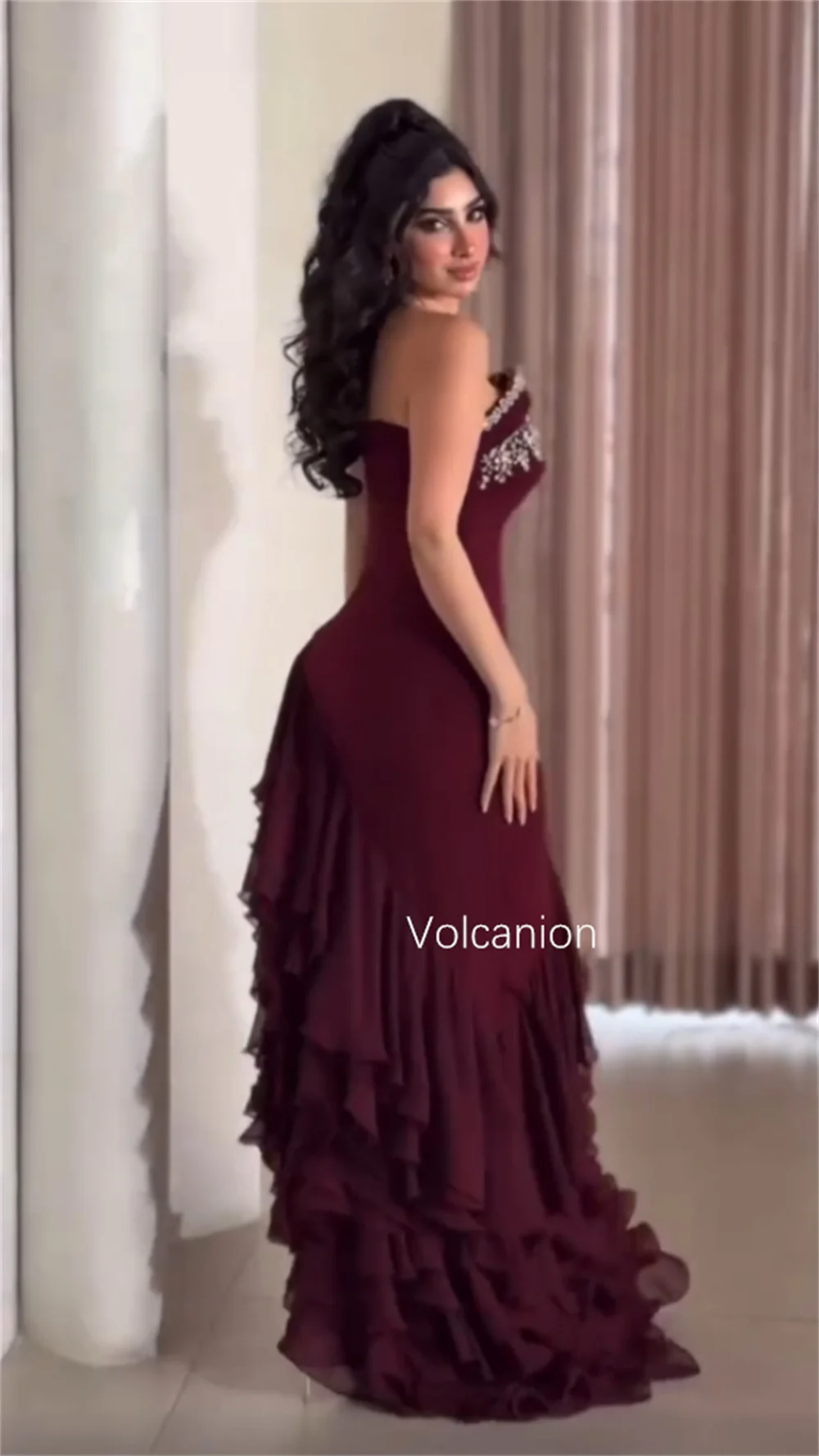 Customized Jersey Ruffle Rhinestone Strapless A-line Hi-Lo Dresses Bespoke Occasion Prom Classic Exquisite Matching