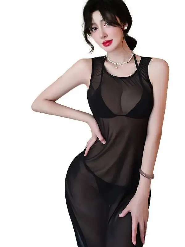 Nuovo abito sexy Tentazione Abito lungo trasparente trasparente Abito aderente da notte Abito Puro desiderio Trasparente Girocollo senza maniche U8WW