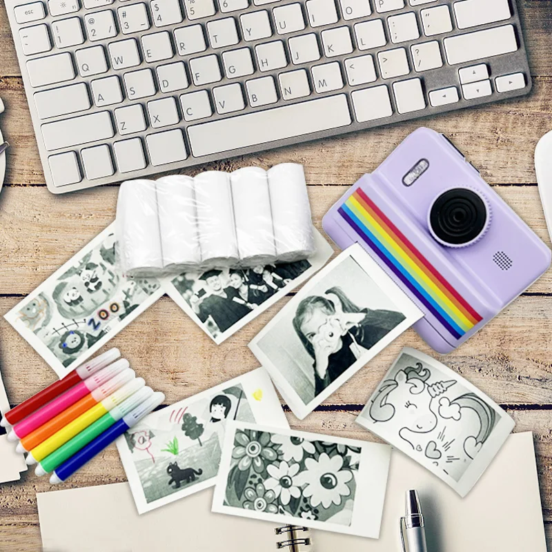 kids instant camera with 3 rolls thermal paper photo&video& game USB charge Dual camera 1080P screen, Perfect gift for children